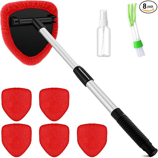 8 Pcs Car Windshield Cleaner Tool Kit with Extendable Handle, Microfiber Towel Pads, Brush, Empty Spray Bottle for Auto Glass Wiper Suvs Rvs & Home Windows(Red)