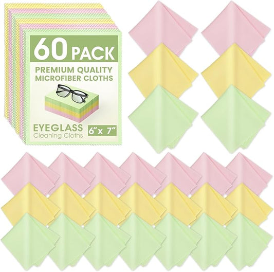 60-Pack Microfiber Cleaning Cloths for Glasses, 6x7 Inch Premium Lens Cleaning Cloth for Screens, Cameras, Eyeglasses, Cell Phone, LCD TV Screens，Pink，Green，Yellow