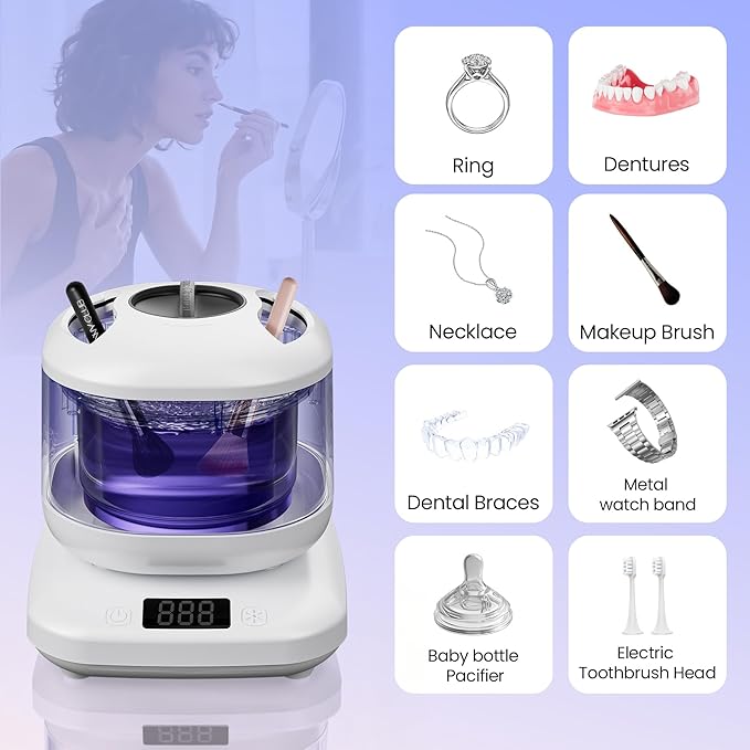 Ultrasonic Jewelry Cleaner Machine with U-V Light, Detachable Retainer Cleaner for Jewelry, Retainers, Dentures, 42kHz Ultrasonic Cleaner with 3 Modes, Waterproof, for family, White