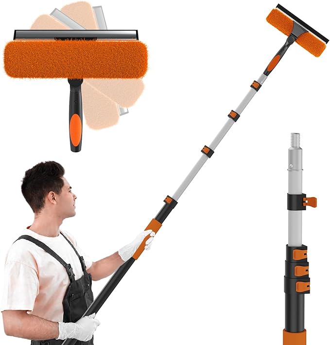 36FT Reach 2-in-1 Window Squeegee, Professional Window Washing Kit with 7-30FT Extension Pole for Home, Indoor Outdoor Squeegee with Rotatable Head for High Windows
