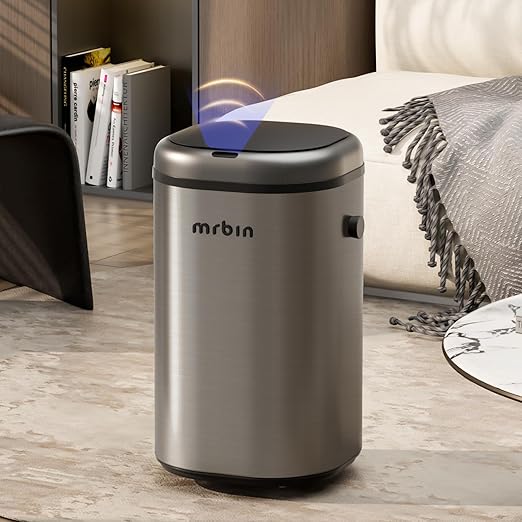 MRBIN Stainless Steel Adsorption Motion Sensor Trash Can Removable, 18L / 4.8gal Automatic Absorbing Bag Lidded Garbage Bin with Wheels, Waste Basket for Kitchen, Bathroom, Eclipse Grey
