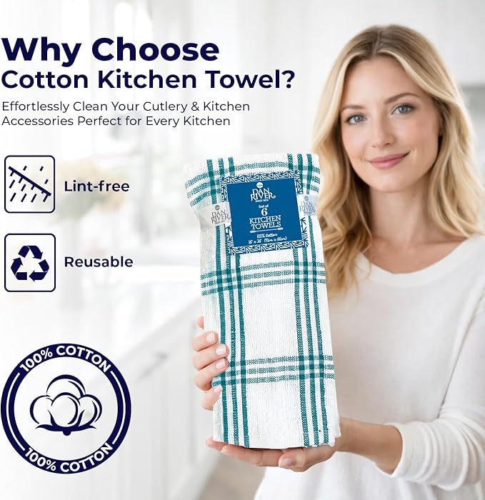 DAN RIVER Premium Kitchen Towels - [Pack of 6] 100% Cotton (16x 26 Inches) -Super Soft,Highly Absorbent, Quick Dry, Dish Towels for Kitchen Towels -Teal