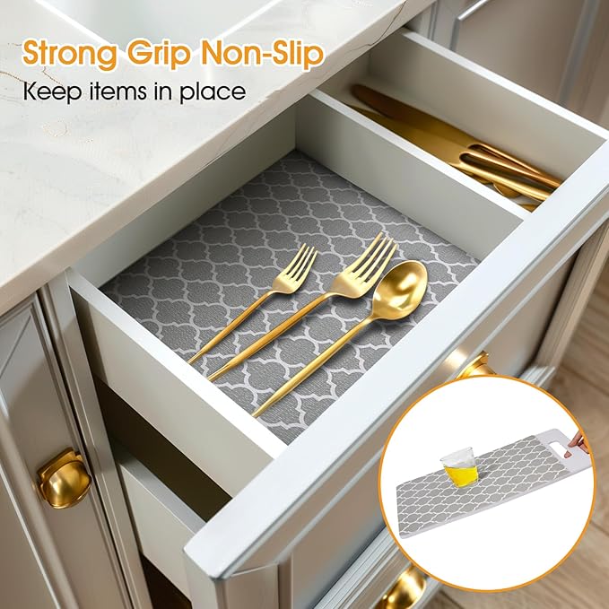 Shelf and Drawer Liner for Kitchen Cabinets Non-Adhesive, Strong Grip Non-Slip Thickened Cabinet Liners for Shelves, Waterproof Mats for Dresser Cupboard, Gray, 17 in x 30 Feet