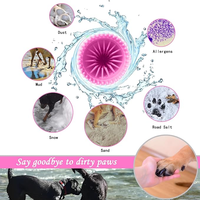 Quick Clean Dog Paw Cleaner 5-in-1 Kit, Pink (Medium) - No Full Bath Needed, Post-Walk Paw Clean - with Silicone Bath Brush, 3 Microfiber Towels - Fits Corgi 1.2-2.5 In (3.05-6.35 cm)