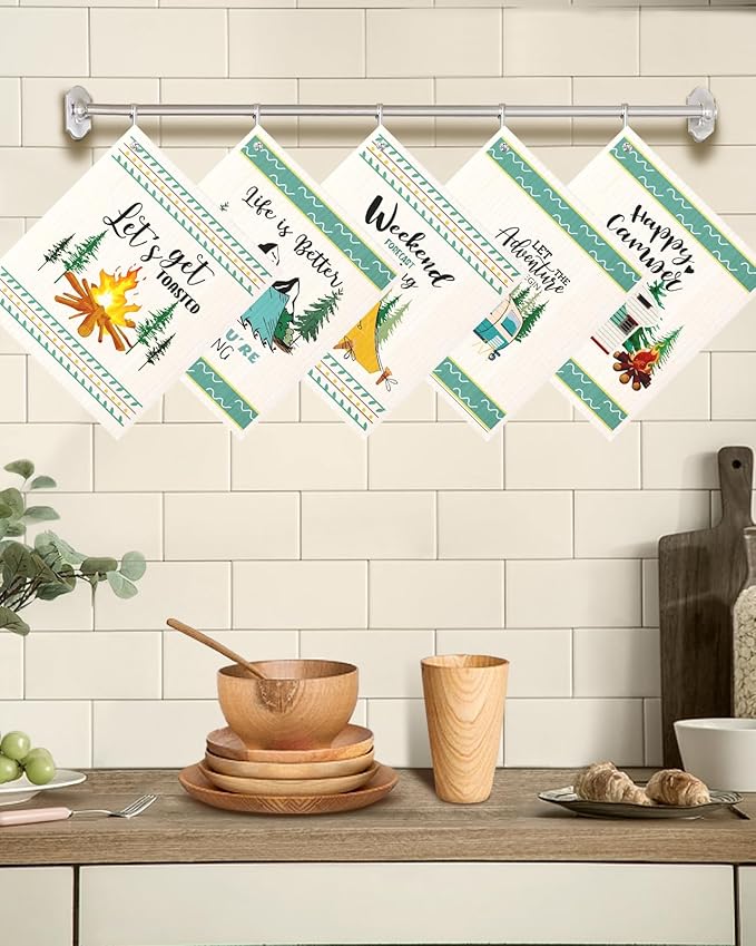 Swedish Dishcloths for Kitchen with Hooks - Reusable Dish Cloths for Washing Dishes Fast Drying Cute Fun 5 Pack Swedish Dish Towels Washable Cleaning Sponge, Green Camping