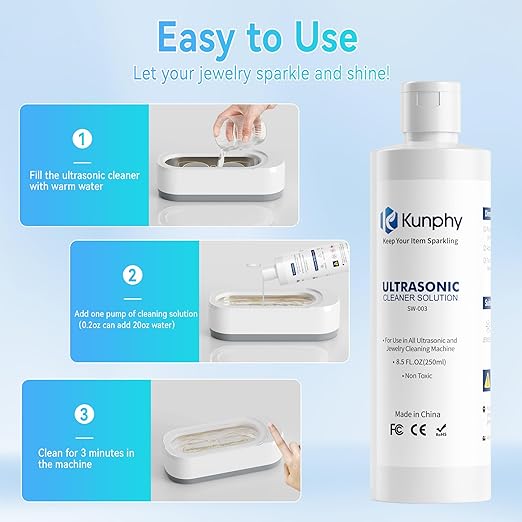 kunphy Sonic Jewelry Cleaner - Effective Solution for Cleaning Gold, Silver, Platinum, Diamonds, and eyeglasses watch, 8.5 oz (250 ml)