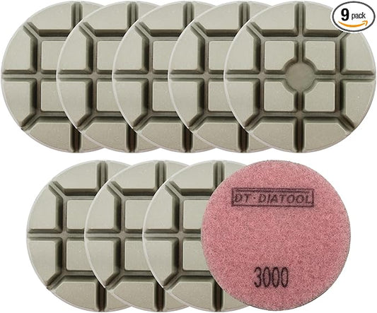 DT-DIATOOL 3 Inch Diamond Polishing Pads, 9pcs #3000 Wet Polishing Hook and Loop Pads for Concrete Countertop