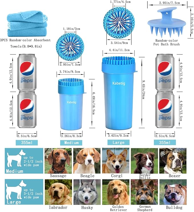 Quick Clean Dog Paw Cleaner 5-in-1 Kit, Blue (Medium) - No Full Bath Needed, Post-Walk Paw Clean - with Silicone Bath Brush, 3 Microfiber Towels - Fits Corgi 1.2-2.5 In (3.05-6.35 cm)