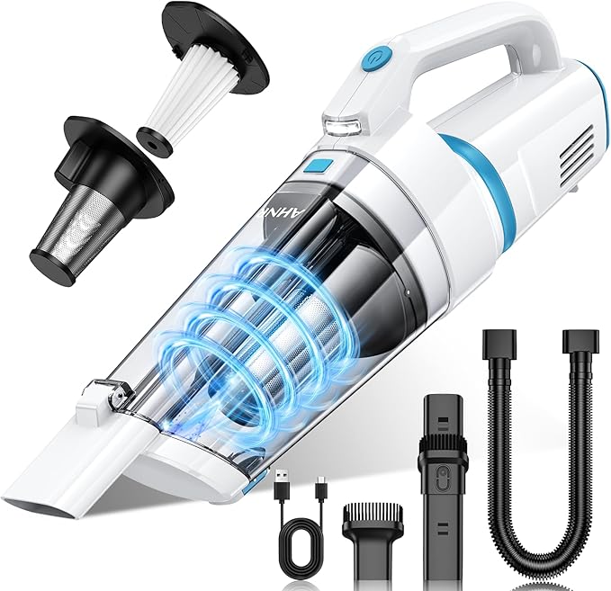 AHNR Handheld Vacuum Cordless, 16000PA Powerful Suction Hand Held Vacuum Dust Busters Cordless Rechargeable with LED Light & 2 HEPA Filters, Portable Car Vacuum Cleaner High Power for Car Home Office