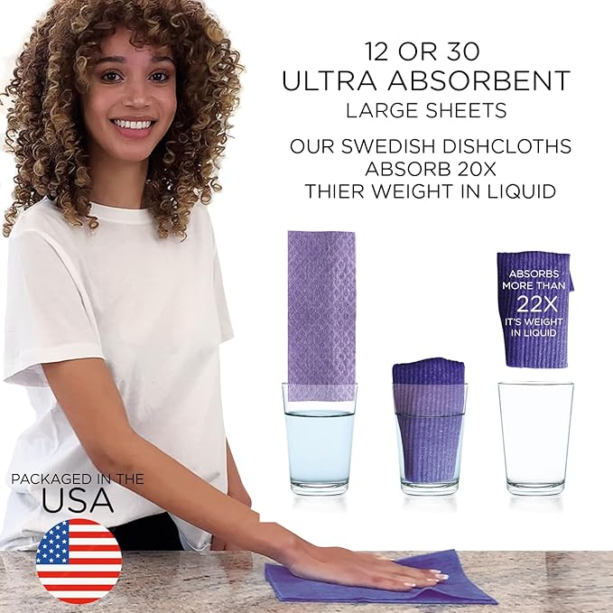 LOLA Swedish Dishcloths for Kitchen XL, 30 Sheet Roll, Biodegradable & Compostable, Reusable Paper Towel Cleaning Cloths, 11" x 10", No Odor, Washing Dishes, Ultra Absorbent Cellulose Sponge Towel