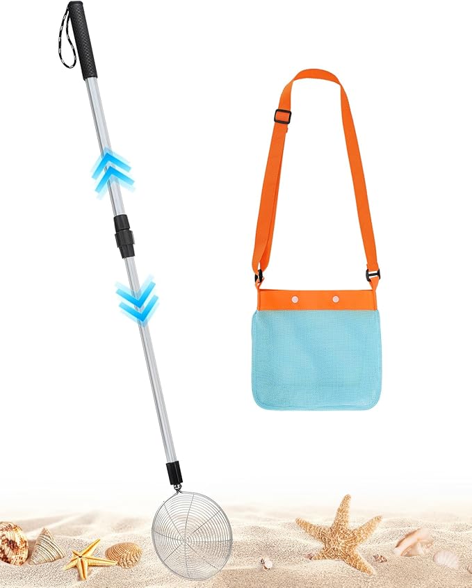 1 Pack Sand Sifter with Seashell Bags - 21.6"~33" Adjustable Shark Tooth Sifter for The Beach Seashell Collecting, Mesh Shovel Scooper with Retractable Handle, Beach Toys for Adults Family Kids