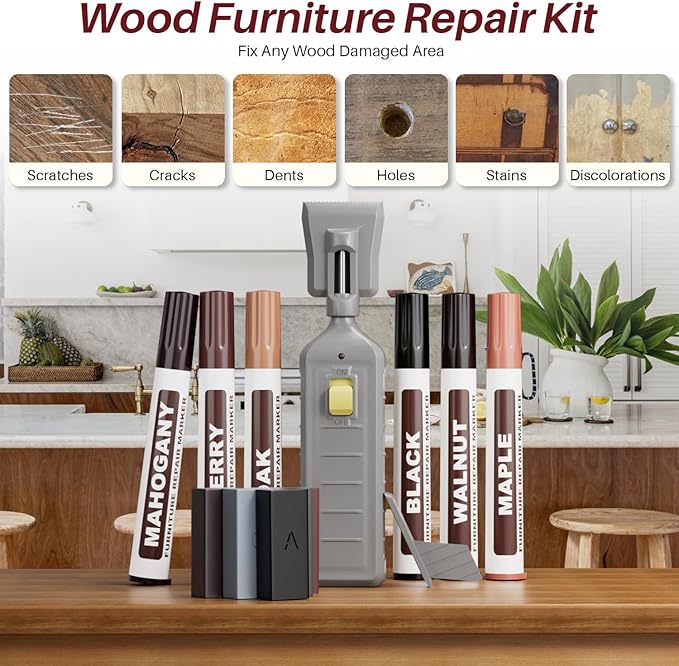 Laminate Vinyl Floor Repair Kit with Heat Pen, 6 Color Hardwood Floor Wax Linoleum Repair Kit Furniture Touch Up Markers Scratches Repair Restore Scratch Repair Remover Cracks, Holes for Table,Cabine