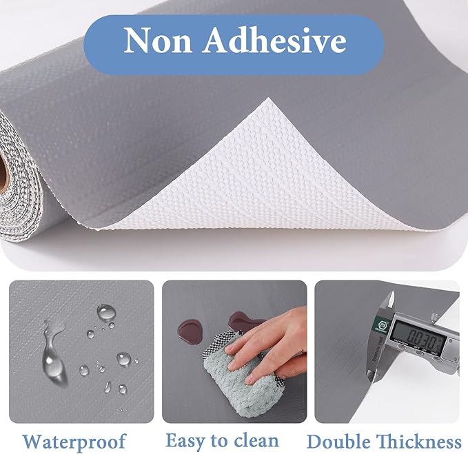 Shelf Liners for Kitchen Cabinets Non Adhesive Drawer Liner 17in x 30FT Pure Grey Thickened Shelf Liner Strong Non-Slip Easy to Clean for Tool Box Refrigerator with Knife and Tape Measure
