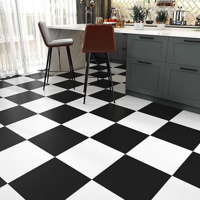 12''x12'' Black Peel and Stick Floor Tile 16PCS Waterproof Vinyl Flooring Tile for Bathroom Self Adhesive Wall Panels for Bedroom Sticky Tiles for Kitchen RV Black Stick on Tiles Home Laminate Floor