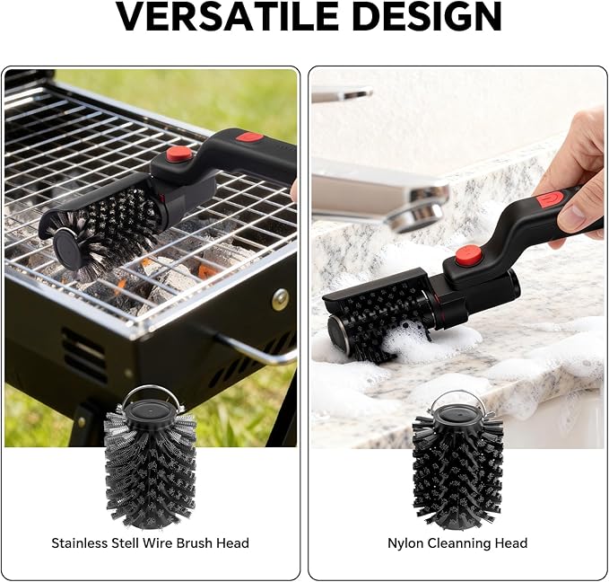 Electric Rotary Grill Brush with 1 Replacement Head,Cordless Rechargeable Grill Cleaning Brush with Adjustable Angle,No Bristle Shedding,Gifts for Men/Dad