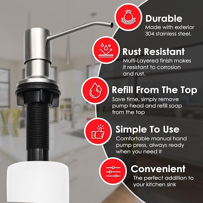 Soap Dispenser for Kitchen Sink (Brushed Nickel), Fit 1-to-1.25-inch Hole, Built in Soap Dispenser, Stainless Steel Pump Replacement