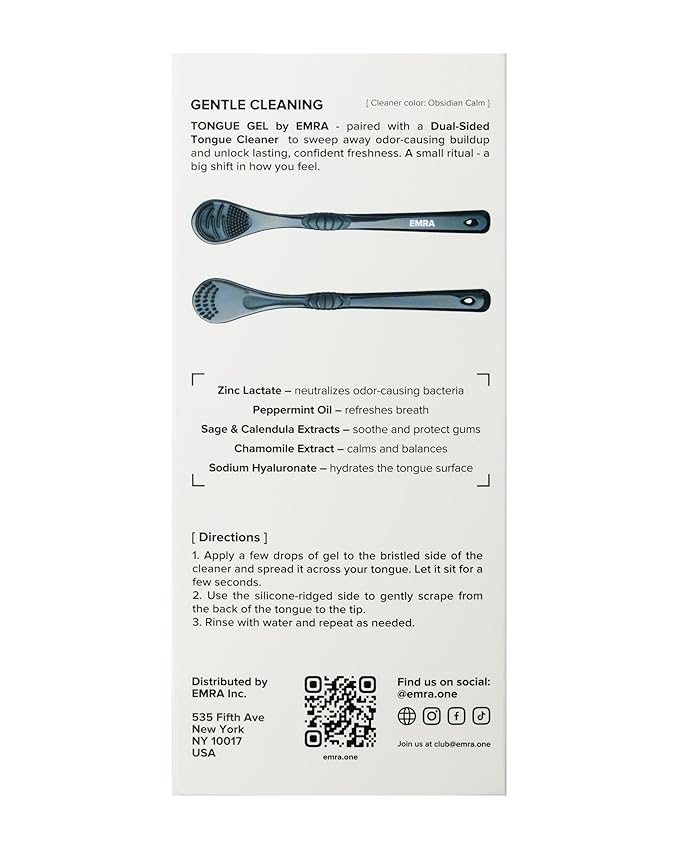 EMRA Gentle Cleaning Tongue Gel + Dual-Sided Cleaner in Black - Fluoride-Free Formula with Peppermint & Chamomile for Fresh Breath & Sensitive Tongue Care
