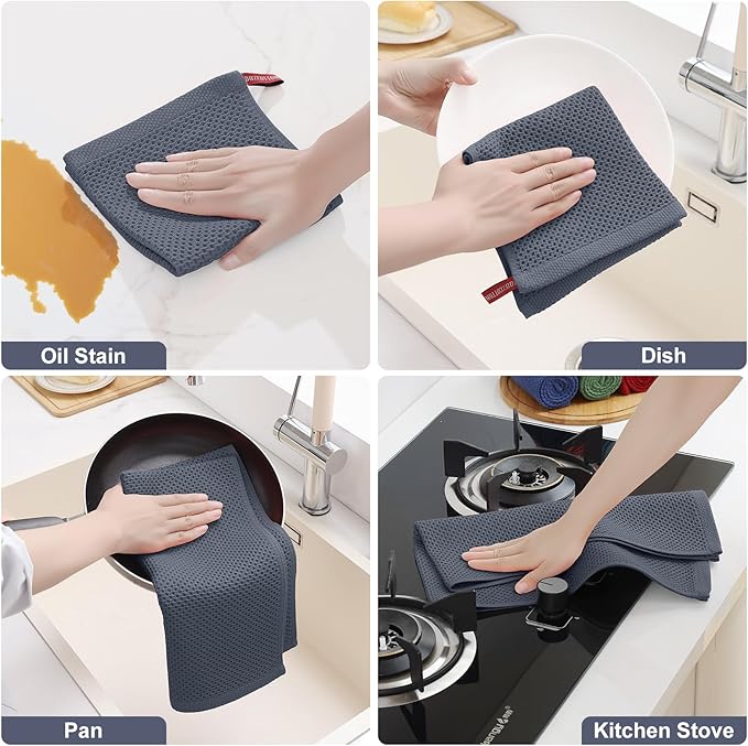 Homaxy 100% Cotton Kitchen Towels and Dishcloths Set, 12 x 12 Inches and 13 x 28 Inches, Set of 12 Bulk Kitchen Towels Set, Ultra Soft Absorbent Dish Cloths for Washing Dishes, Dark Grey
