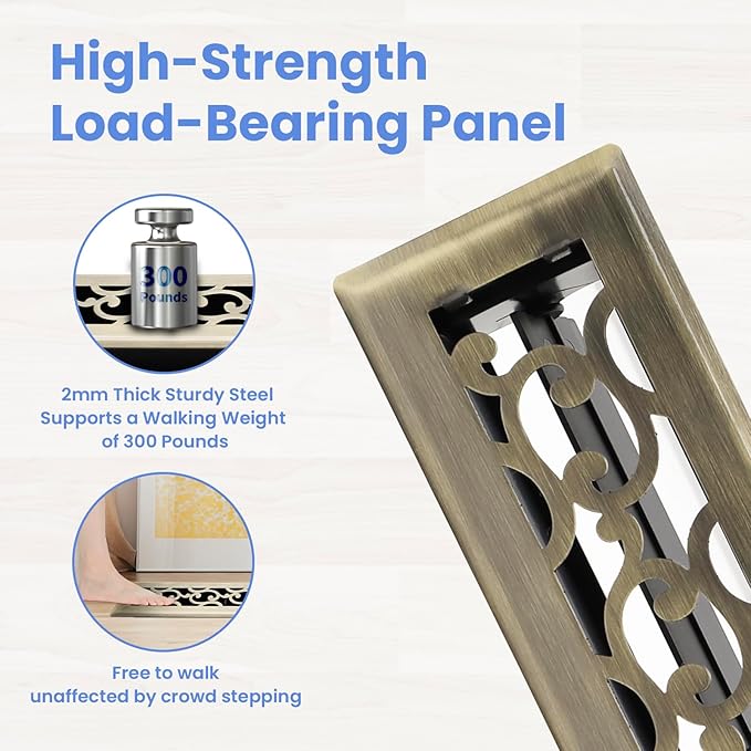 2x12 Inches Heavy Duty Walkable Floor Register - Easy Adjust Air Supply Lever Decorative Floor Vent Covers - Savannah Design Vent Covers for Home - Antique Brass