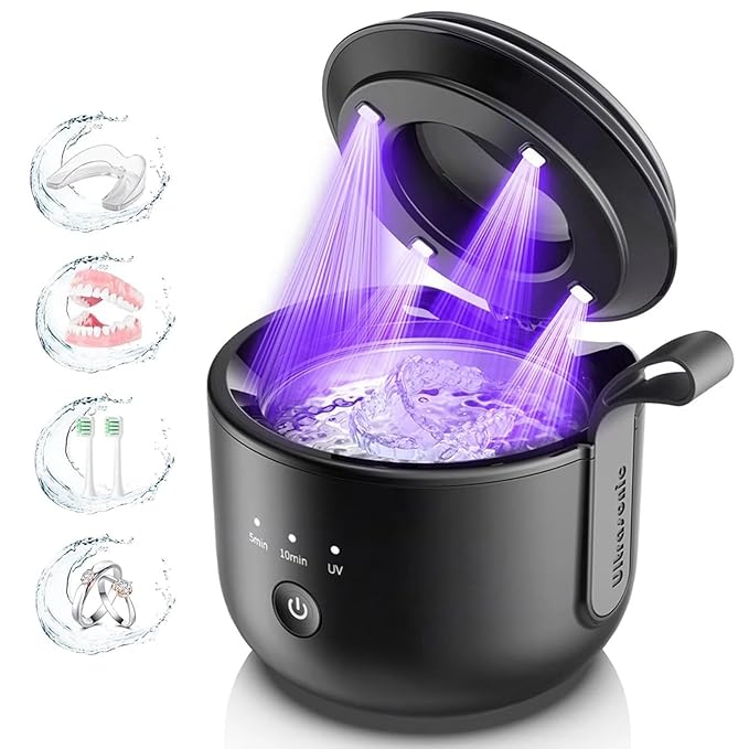 Ultrasonic Cleaner, 48kHz Rechargeable Cordless Jewelry Denture Cleaner Machine, 200ML Cleaning Pod for Jewelry, Rings, Glasses, Mouth Guard, Waterproof UV Cleaner with Digital Timer