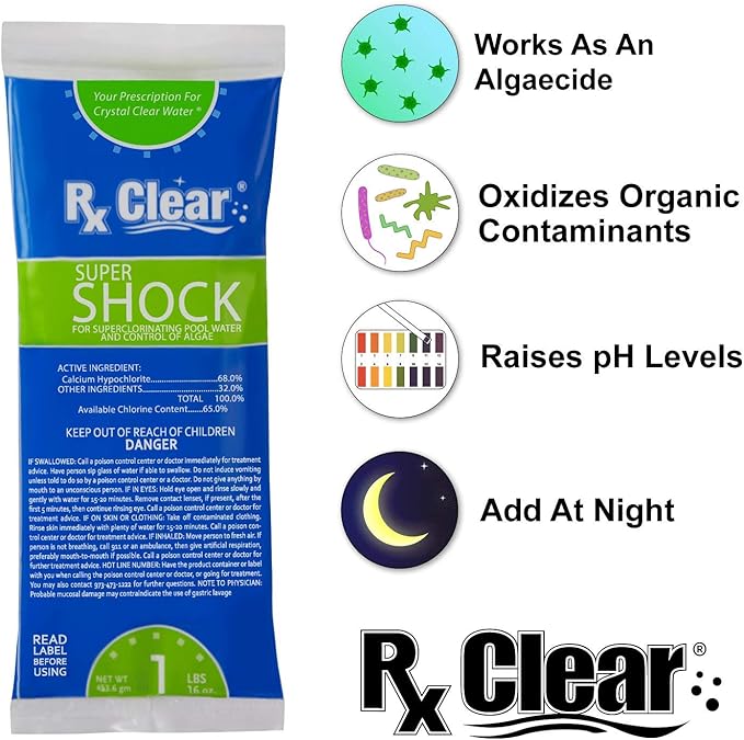Rx Clear Super Shock for Swimming Pools | Chlorinator and Algaecide | 68% Calcium Hypochlorite Shock | Kill Pool Algae for a Crystal Clear Pool | One Pound Bags | 12 Pack