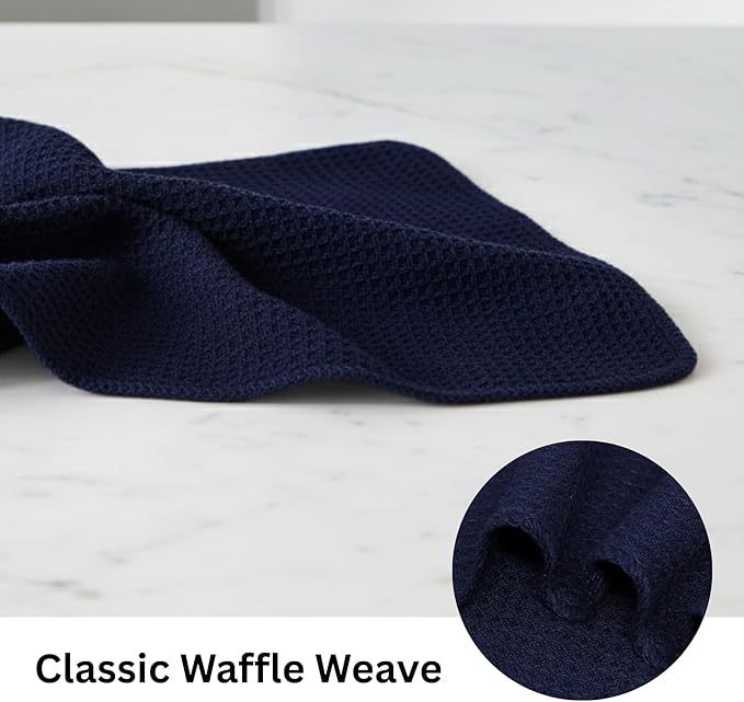 PurpleEssences Dish Cloths and Dish Rags - 8 Pack Waffle Weave Solid Kitchen Dish Wash Cloths, 100% Cotton, 12 x 12 Inches, Ultra Soft Absorbent Quick Drying - Christmas Holiday Winter - Navy Blue