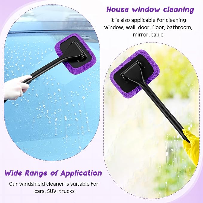 8 Pcs Car Windshield Cleaner Tool Kit with Removable Handle, Microfiber Towel Pads, Brush, Empty Spray Bottle for Auto Glass Wiper Suvs Rvs & Home Windows(Purple)