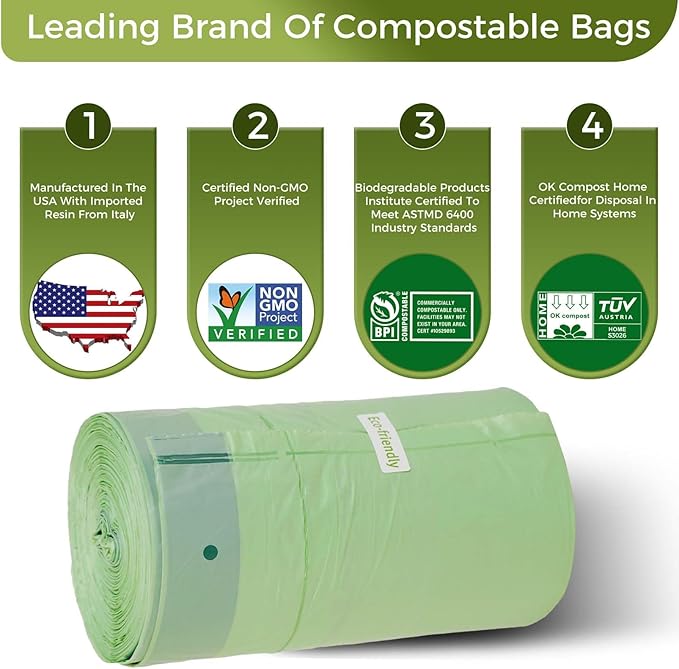 50-55 Gallon Compostable Trash Bags with Flat-Top, Heavy Duty Extra Thick 1.57 Mil, 208.2 Liter, 12 Bags, Large Lawn and Yard Waste Bag, ASTM D6400, US BPI and OK Compost Home Certified