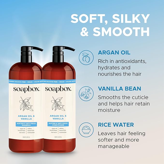 Soapbox Argan Shampoo & Conditioner Set, Volumizing, Vegan, Color Safe, Harsh Sulfate & Silicone Free, 1 Liter Each (Pack of 2)