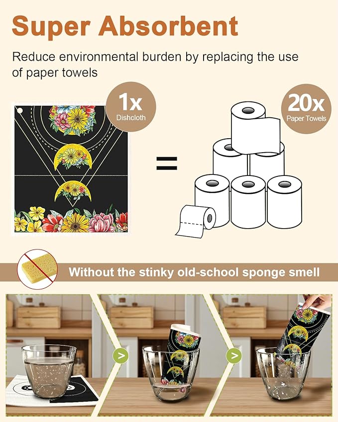 Swedish Dishcloths for Kitchen with Hooks - Reusable Dish Cloths for Washing Dishes Fast Drying Cute Fun 5 Pack Swedish Dish Towels Washable Cleaning Sponge, Sun Moon