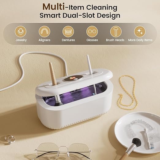 48Khz Ultrasonic Jewelry Cleaner, 30W Ultrasonic Cleaner with 2 UV Lights and Toothbrush Holder, 3 Modes Jewelry Cleaner Ultrasonic Machine with Digital Timer, 12OZ Pod for Eyeglasses (Off White)