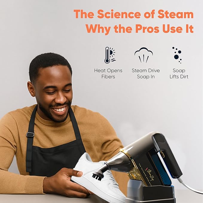 Handheld Shoe Steam Cleaner – All-in-One Shoe Care with Pro Steam Power | 5 Attachments to Clean, Deodorize & Remove Creases from Sneakers, Dress Shoes & Boots