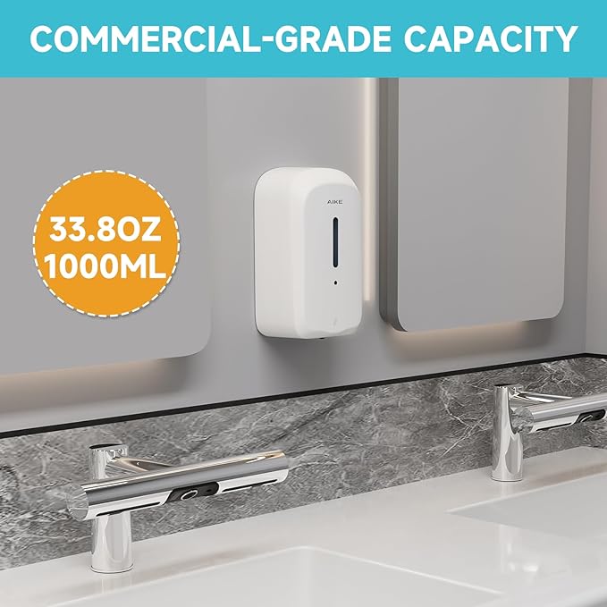 AIKE 33.8oz Automatic Wall Mount Liquid Soap Dispenser with Commercial ABS Construction, Model AK1226S(White)