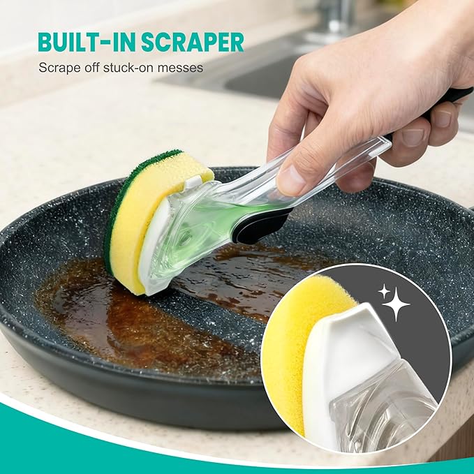 HELIME Dishwand Refills, Non-Scratch Replacement Sponge Heads for Dish Wand, Leak-Proof Handle with Heavy-Duty Scrubbers, Universal Compatible Soap Dispensing Brush for Kitchen, Bathroom Cleaning