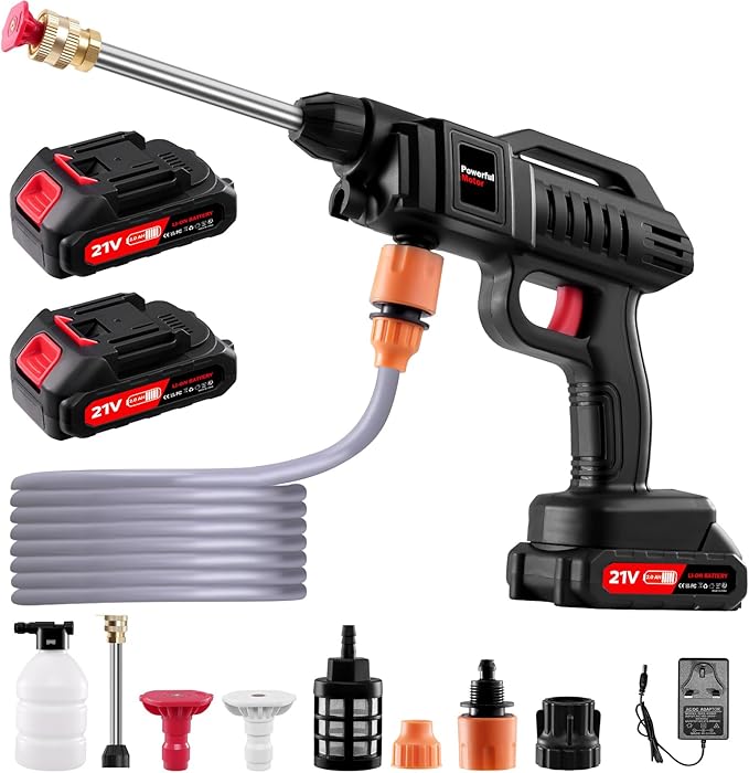 Battery Pressure Washer,1500w Cordless Portable Pressure Washer, 60Bar/870 PSI Portable car Washer with 2 Battery, 2 Nozzles, 5m Hose Cordless Jet Washers, for Cars, Floors, Gardens