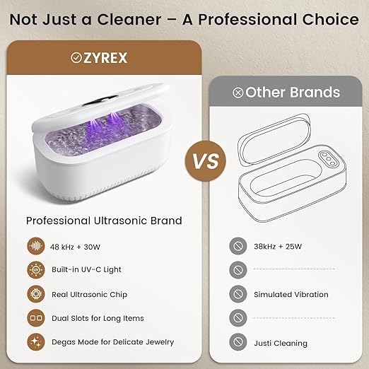 48Khz Ultrasonic Jewelry Cleaner, 30W Ultrasonic Cleaner with 2 UV Lights and Toothbrush Holder, 3 Modes Jewelry Cleaner Ultrasonic Machine with Digital Timer, 12OZ Pod for Eyeglasses (Off White)