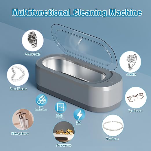 KUNPHY Ultrasonic Jewelry Cleaner, Jewelry Cleaner Machine 12oz 46KHz, Professional Sonic Cleaner with One-Touch Operation, Sonic Cleaner for Rings, Glasses, Jewelry, Dentures, Grey