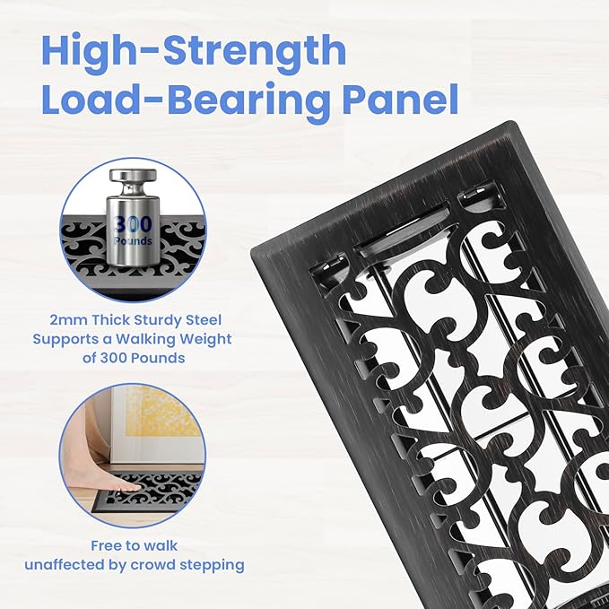 4x8 Inches Heavy Duty Walkable Floor Register - Easy Adjust Air Supply Lever Decorative Floor Vent Covers, Savannah Design Vent Covers for Home - Oil Rubbed Bronze