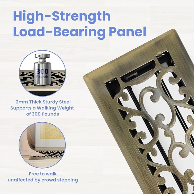 4x14 Inches Heavy Duty Walkable Floor Register - Easy Adjust Air Supply Lever Decorative Floor Vent Covers, Savannah Design Vent Covers for Home - Antique Brass