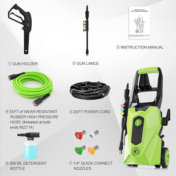 2025 New 5000PSI Pressure Cleaner, Power Cleaner with 33FT Resistant Extension Hose and 4 Nozzles, Compatible with Undercarriage Cleaners, Professional Powerwashers for Home/Car(Green)