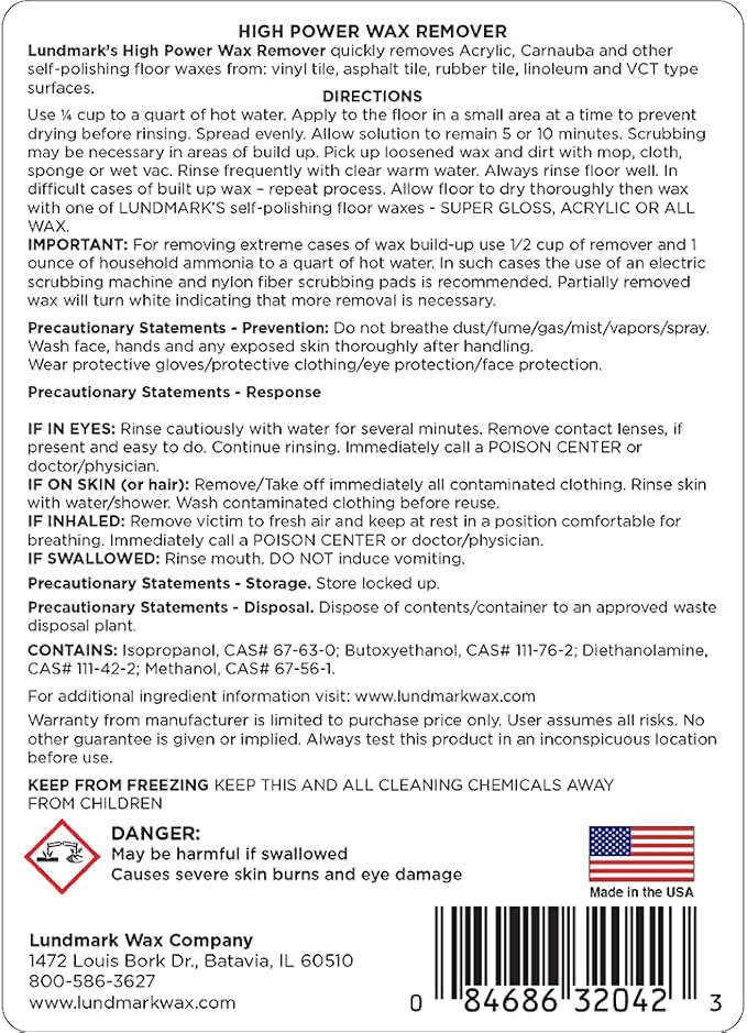 Lundmark High Power Wax Remover, Commercial Strength Floor Wax Stripper, 32-Ounce, 3204F32-6, Clear (LUN-3204F32-6)