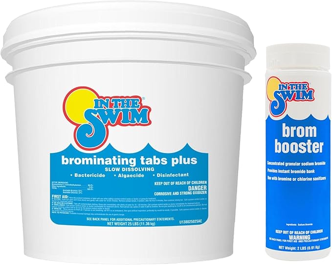 In The Swim Bromine Plus Tablets and Bromine Booster Bundle: 25 Pound Bucket of 1-inch Bromine Tablets and 2 Pound Brom Booster for Spas & Hot Tubs