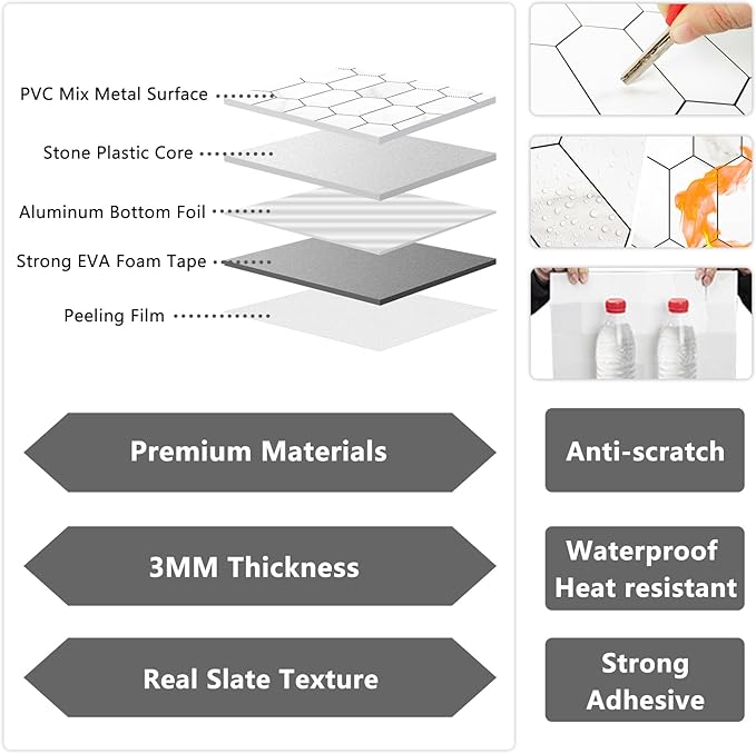 Vamos Tile Long Hexagon Peel and Stick Backsplash Tile - 10 Sheets Stick on Backsplash for Kitchen and Bathroom 12.4 x 12 Inch White Marble Look PVC Self Adhesive Mosaic Wall Tiles