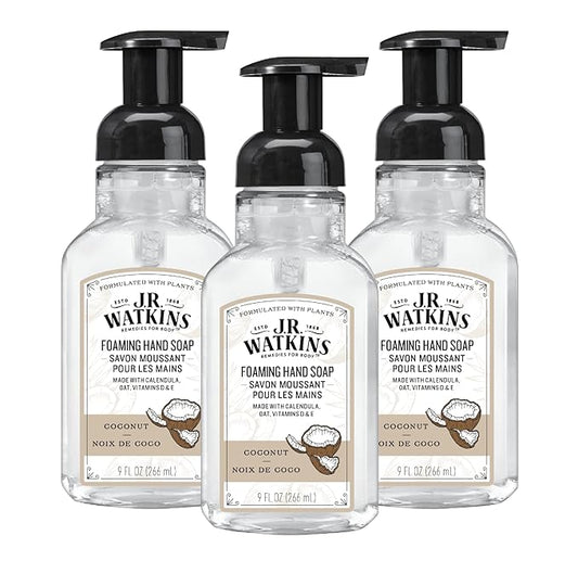 J.R. Watkins Foaming Hand Soap Pump with Dispenser, Moisturizing Hand Soap Foam, Alcohol-Free and Cruelty-Free, Use for Kitchen or Bathroom, Noix De Coco/Coconut, 9 fl oz, 3 Pack