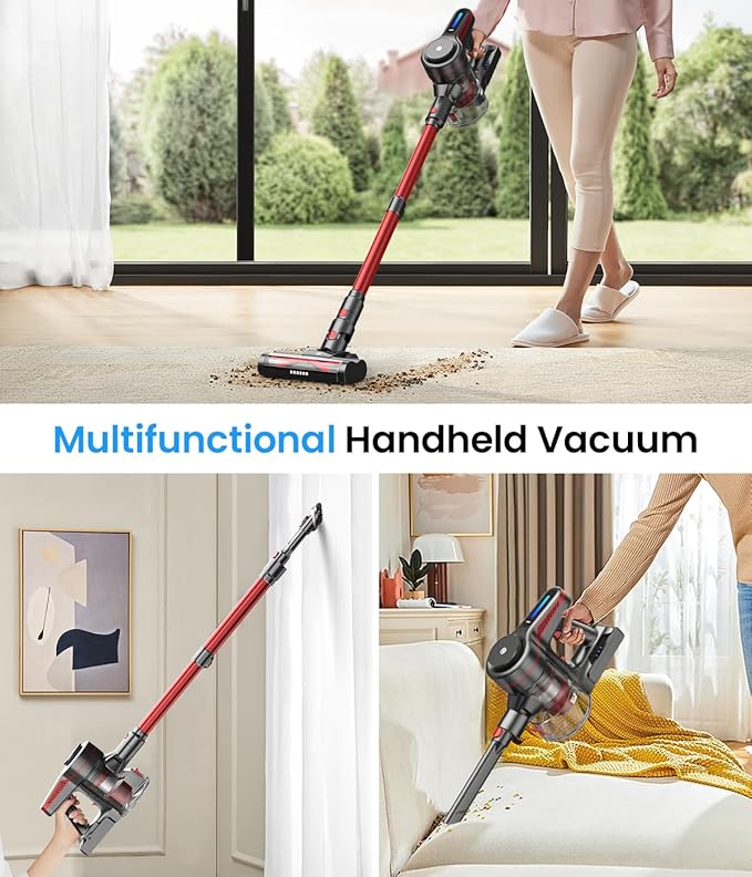 Cordless Vacuum Cleaner, Stick Vacuum with Powerful Suction, 45Mins Runtime Vacuum Cleaners for Home, Anti-tangle and 1.5L Dust Cup, 6 in 1 Lightweight Vacuum for Hardwood Floor Carpet Pet Hair