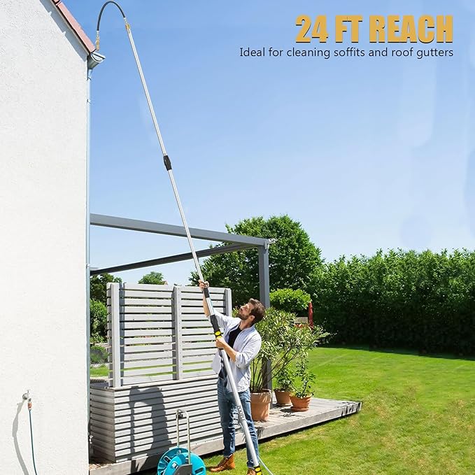 24ft Reach Gutter Cleaning Tools From The Ground, 16ft Telescopic Gutter Cleaner Tools, Rain Gutters Cleaning Tool With Garden Hose Attachment and Bendable Wand