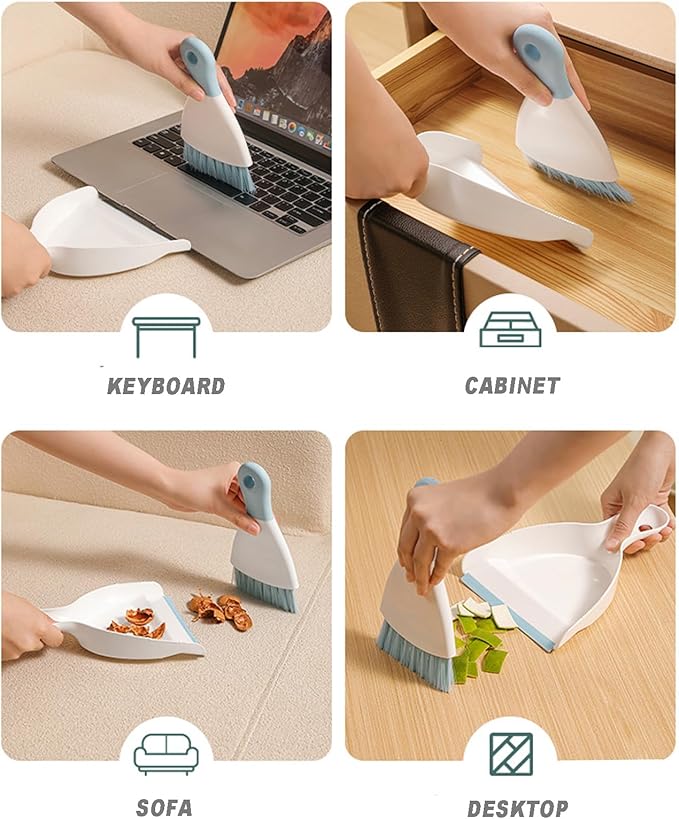 Mini Broom with Dustpan Combo Set Small Dust pan and Brush Set Quick Cleanup Tools for Kitchen Table Keyboards Pets Nest Sofa (Green)