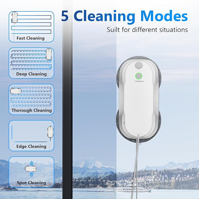 Tosima W5 Window Cleaning Robot, Dual Direction Auto-Spray Smart Window Cleaner with Triple Safety System, Smart Navigation, Remote Control, for All Smooth Surfaces, with 8 Rags (White)