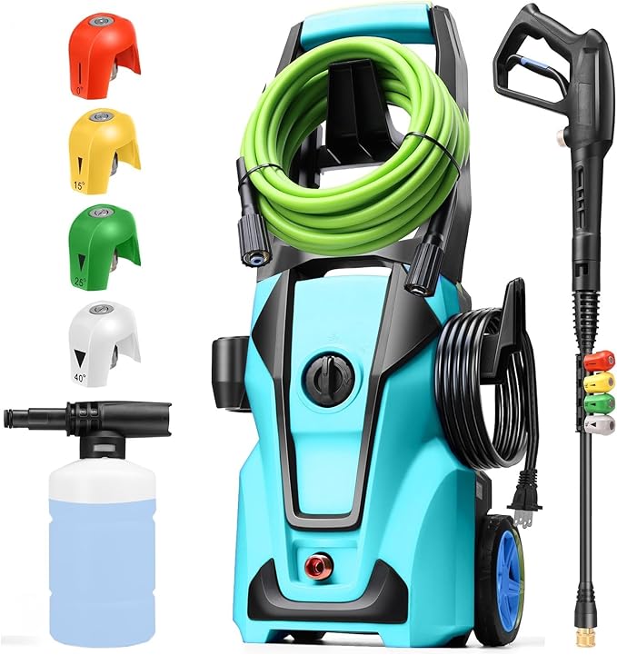 Professional Electric Pressure Washer, 5000PSI Power Washer with Foam Cannon,4 Nozzles,33FT Hose and Soap Bottle,Car Wash Machine/Car/Driveway/Patio Clean,Blue