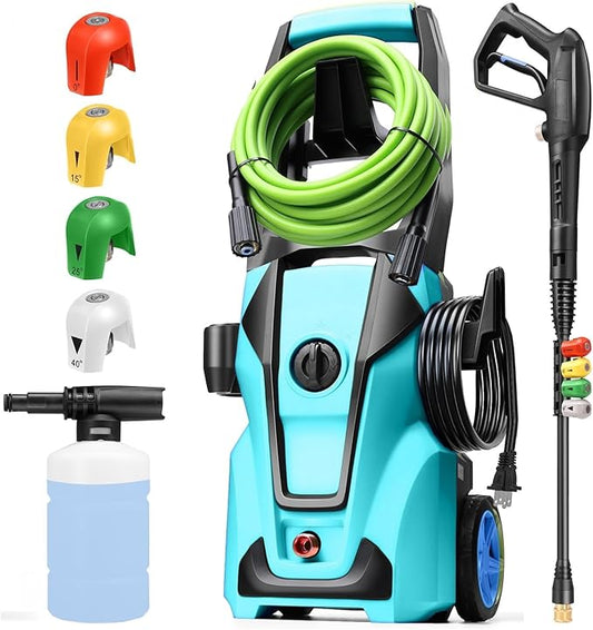Professional Electric Pressure Washer, 5000PSI Power Washer with Foam Cannon,4 Nozzles,33FT Hose and Soap Bottle,Car Wash Machine/Car/Driveway/Patio Clean,Blue